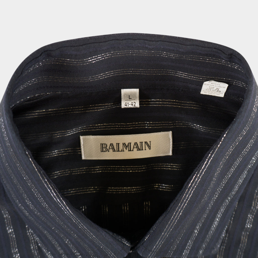 Balmain Винтидж Черна Раирана Риза с Дълъг Ръкав