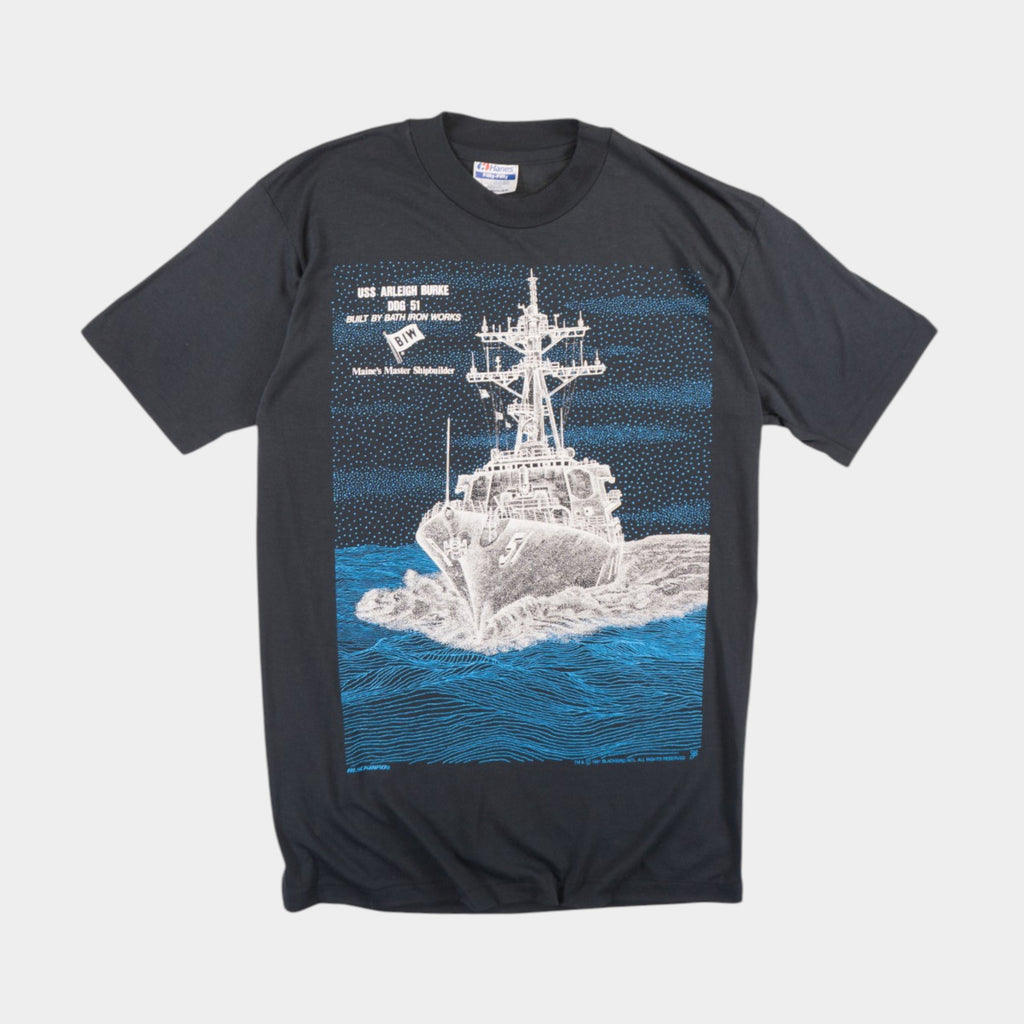 Hanes USS Arleigh Burke Battleship Винтидж Черна Тениска с Графика от 1991г