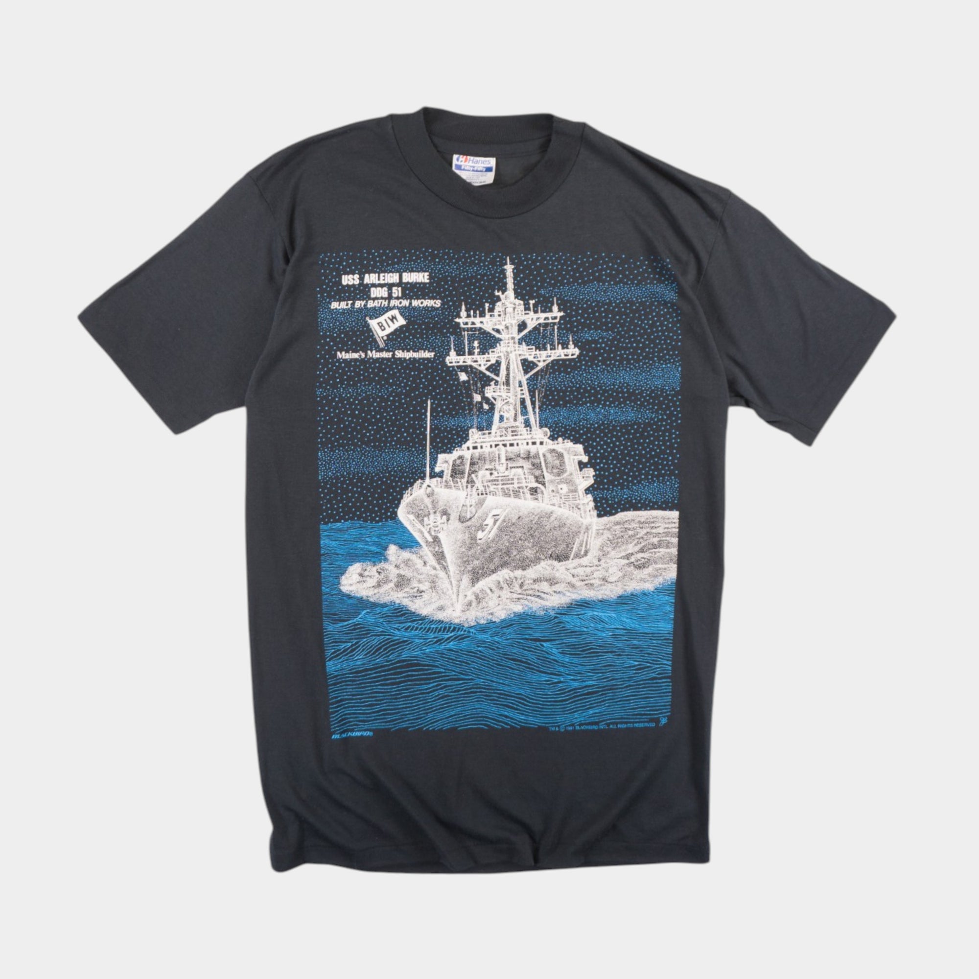 Hanes USS Arleigh Burke Battleship Винтидж Черна Тениска с Графика от 1991г