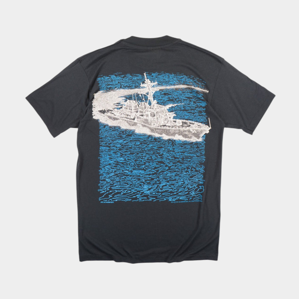 Hanes USS Arleigh Burke Battleship Винтидж Черна Тениска с Графика от 1991г