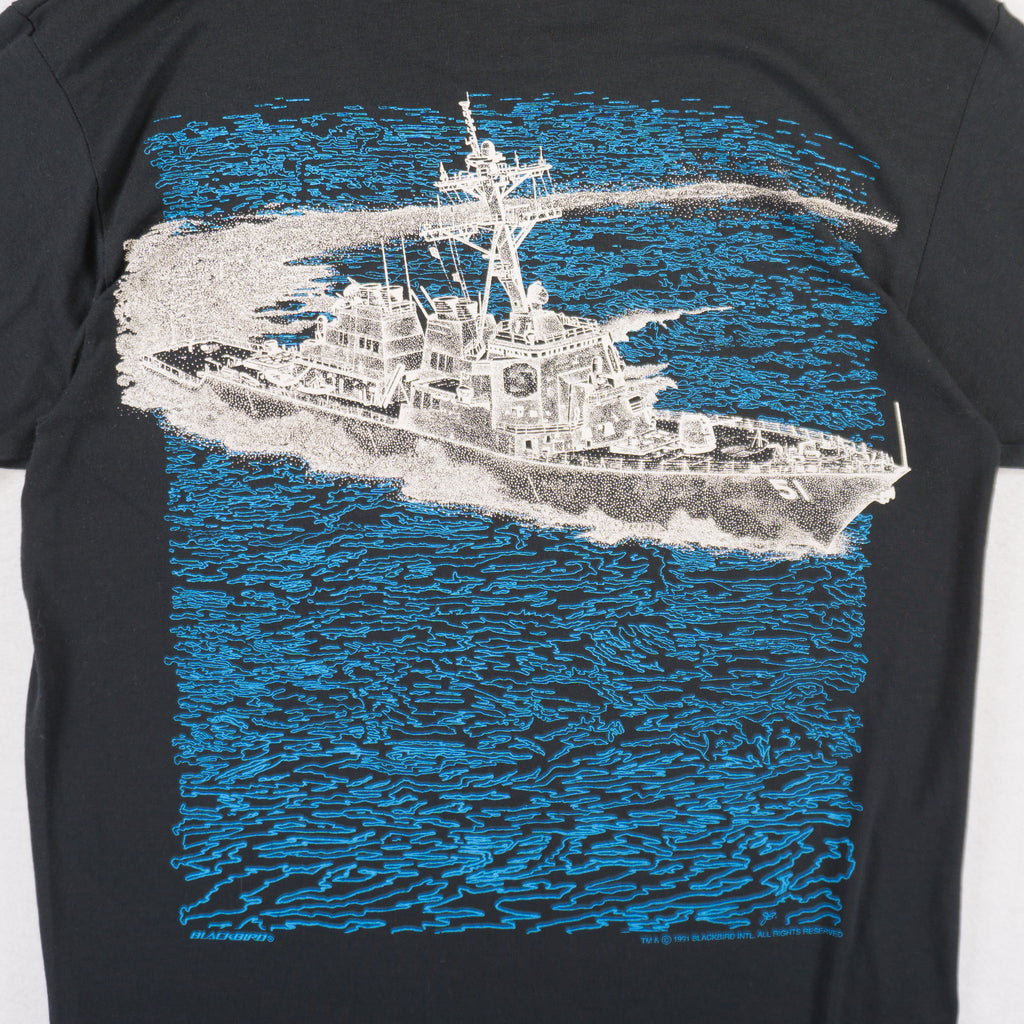 Hanes USS Arleigh Burke Battleship Винтидж Черна Тениска с Графика от 1991г